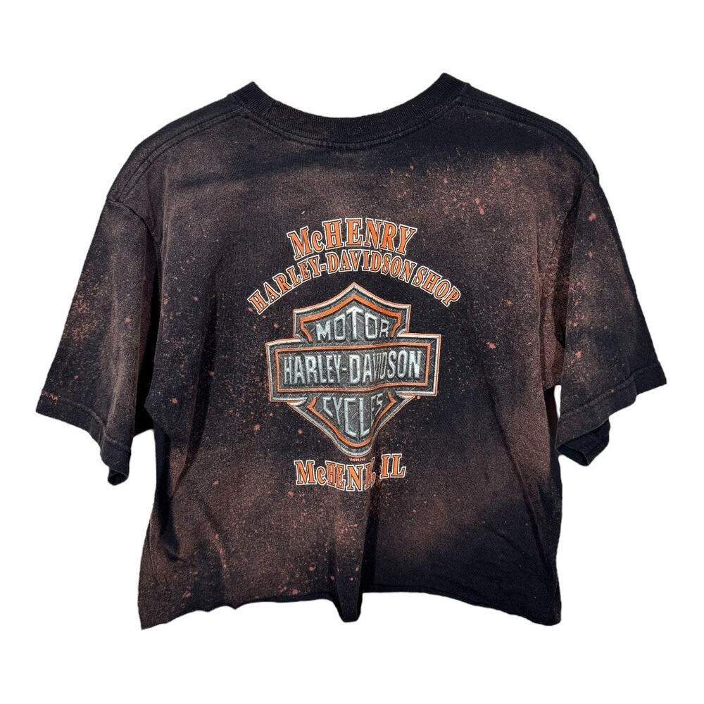 Reworked Harley Davidson Cropped Graphic Tee Large Oversized Bleached Boho Edgy - Picture 3 of 4